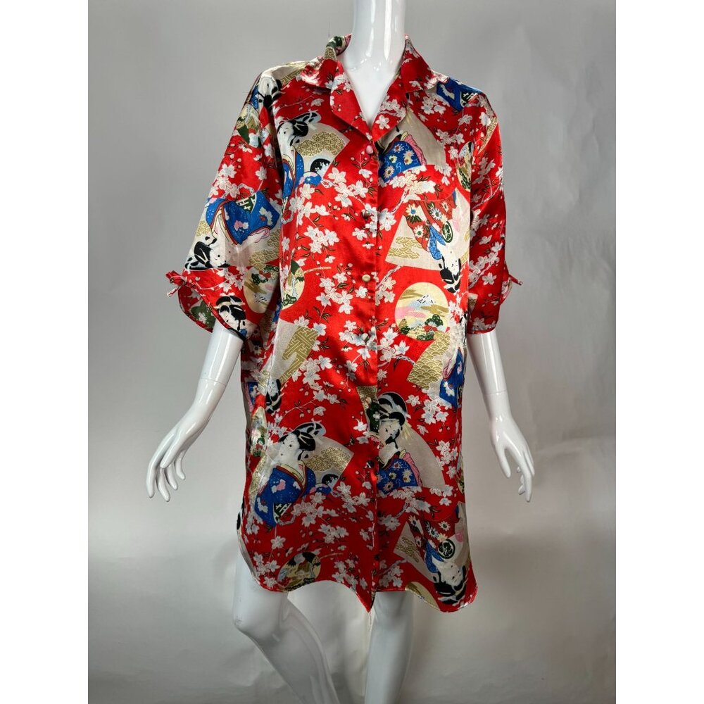 Vintage Silk Kimono Robe With Geisha & Cherry Blossom Design Red Multicolor